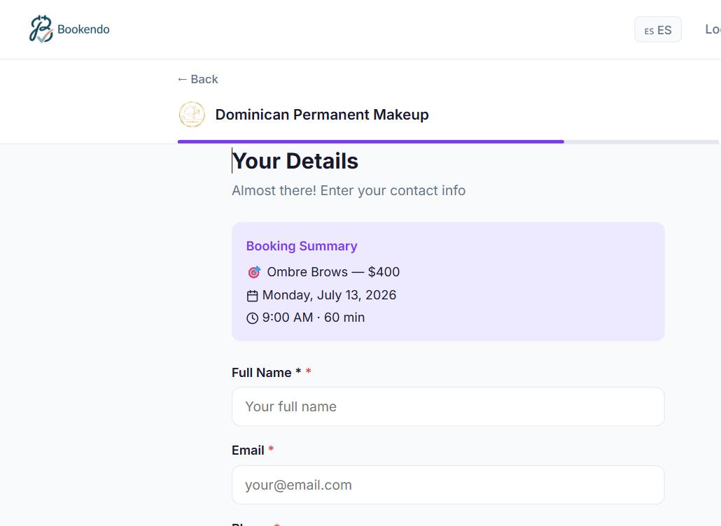 Bookendo booking details step showing the booking summary and the contact information form