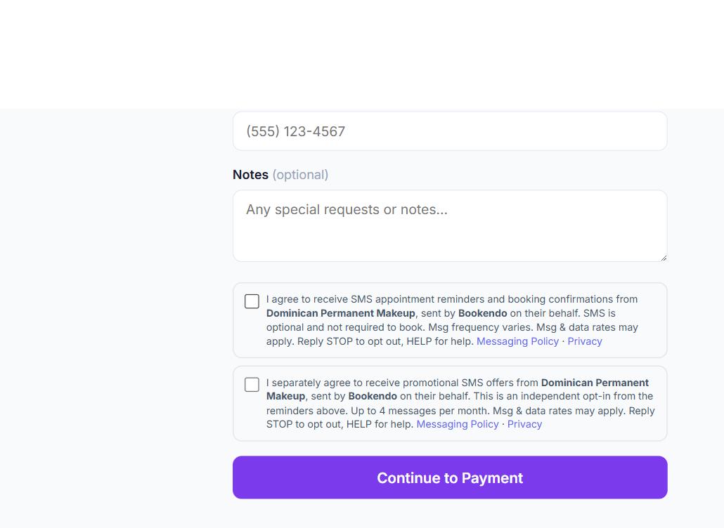 Two unchecked SMS consent checkboxes: one for appointment reminders and booking confirmations, and a separate independent one for promotional SMS